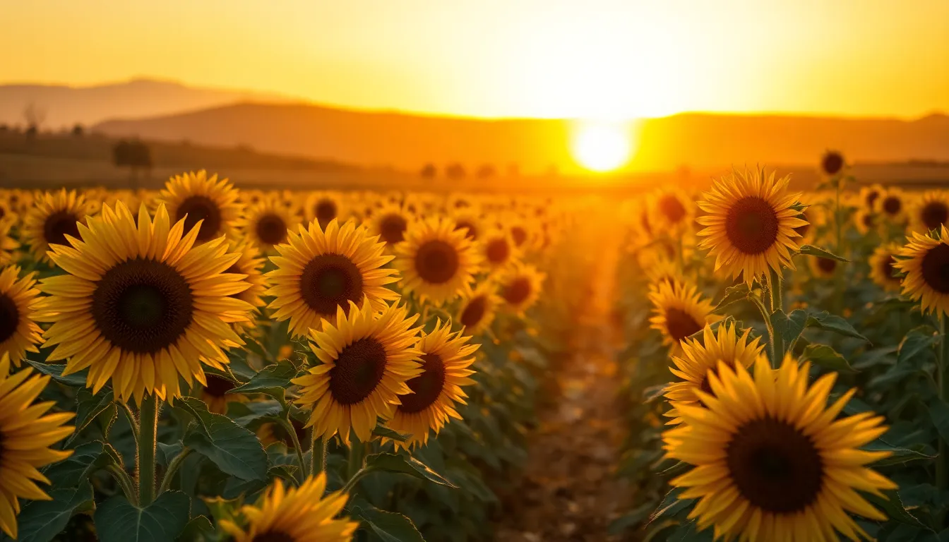 This panoramic view captures a sunflower field bathed in the warm glow of golden hour. The setting sun casts an enchanting light across the vibrant yellow flowers, creating a serene and inviting atmosphere. Long shadows stretch across the field, enhancing the depth and richness of the colors. This image beautifully conveys the serenity of nature and the mesmerizing beauty of sunflowers.