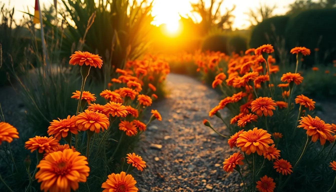 Garden Path with Vibrant Marigolds A picturesque garden path lined with vibrant orange marigolds illuminated by the golden hour sun. The warm backlighting creates a beautiful rim light that accentuates the flowers' textured petals. The composition uses leading lines to draw the viewer’s eye along the winding path, capturing the essence of a serene summer evening. This image evokes feelings of warmth and tranquility in a blooming garden.