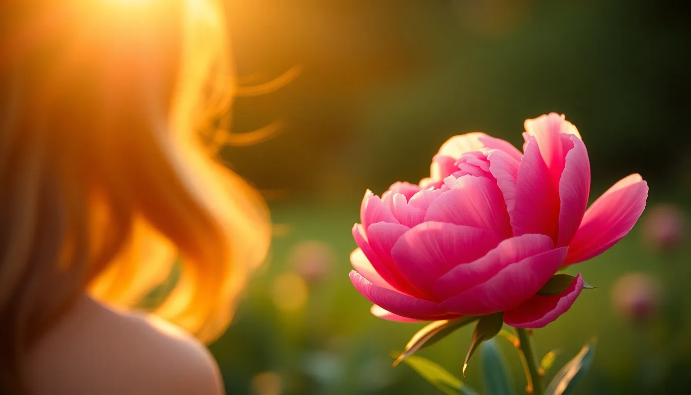 This stunning image showcases a vibrant peony illuminated by golden hour light, with warm rim lighting accentuating its petals. The shallow depth of field creates a dreamy bokeh effect, enhancing the flower's delicate details. The composition follows the rule of thirds, placing the peony off-center while the soft green background complements its rich pink hues. This scene captures the beauty and tranquility of nature during a perfect sunset moment.