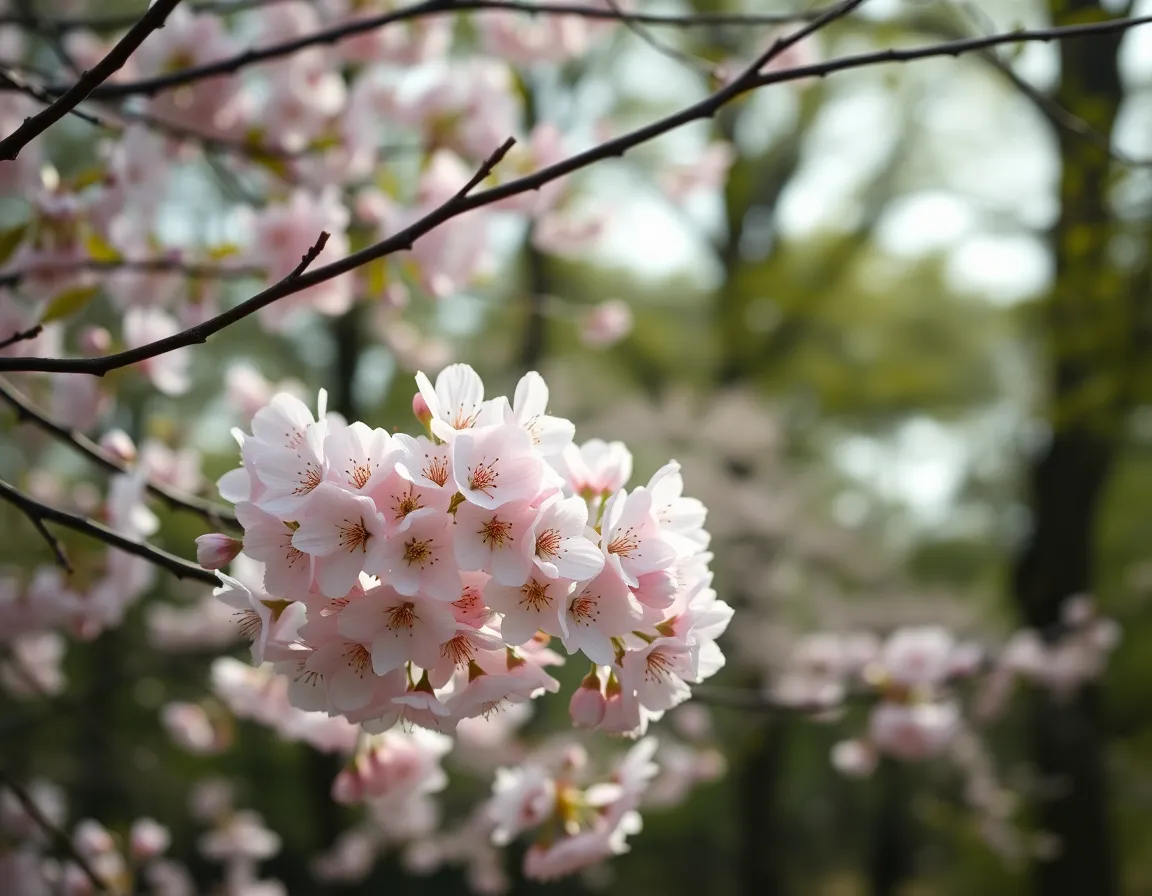 This image captures a serene moment in an arboretum, where delicate cherry blossoms bloom under diffused daylight. The soft pink petals contrast beautifully against the lush green foliage, evoking feelings of tranquility and renewal. The composition invites viewers into the scene as the branches lead the eye toward the blossoms, emphasizing their delicate texture. This peaceful setting encapsulates the beauty of spring.