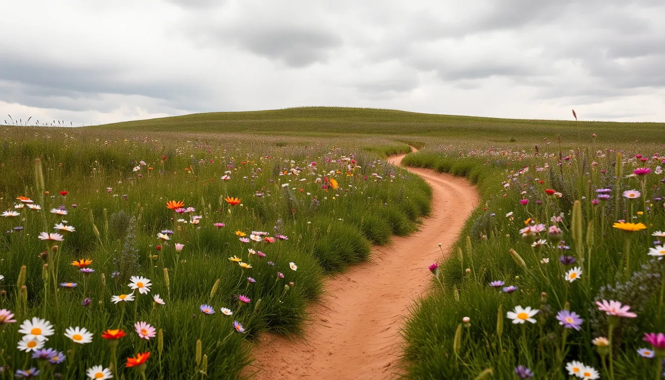 An expansive view of a vibrant field filled with a rich tapestry of wildflowers, captured beneath a soft overcast sky. The various hues of purple, pink, and green intertwine beautifully, creating a natural, serene landscape. A winding dirt path leads the viewer’s eye through the scene, inviting exploration and reflection of the intricate beauty that nature offers.