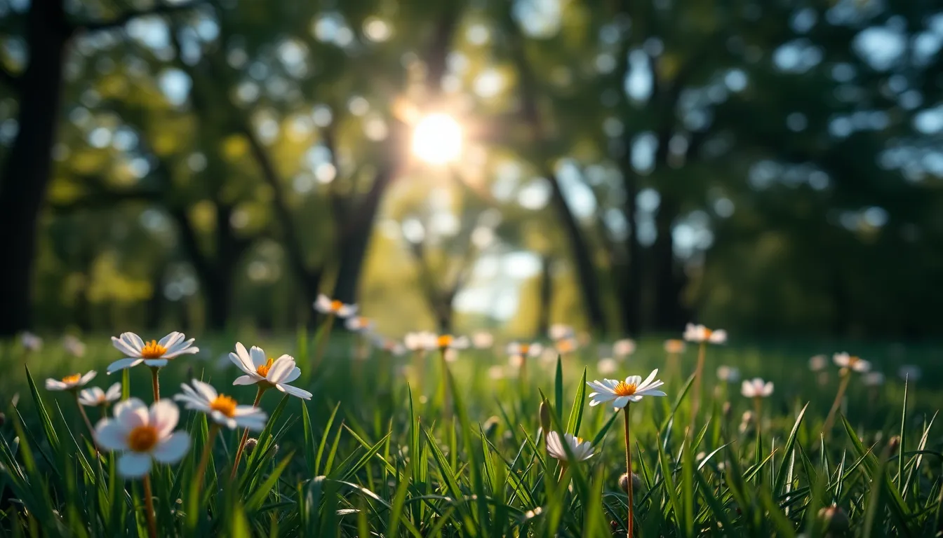 This image showcases a cluster of vibrant wildflowers illuminated by dappled sunlight filtering through a lush tree canopy. The delicate petals glimmer with morning dew, while the vivid greens of the surrounding grass create a striking contrast. Shot from a low angle, the wildflowers dominate the composition, enhancing the sense of depth. The natural muted color palette adds a serene mood, inviting viewers to immerse themselves in this tranquil forest setting.