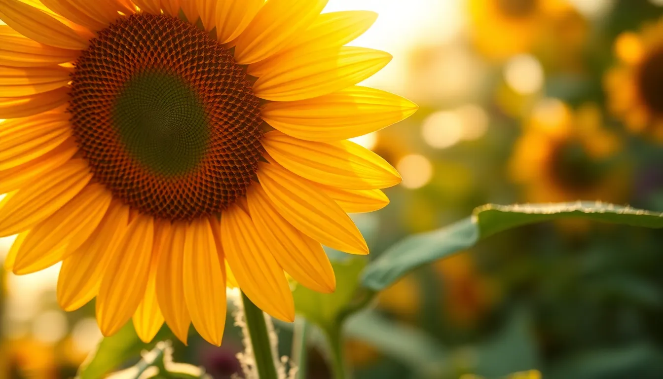 This stunning close-up captures the vibrant beauty of a sunflower bathed in golden hour light. With a soft, blurred garden backdrop, the flower's rich yellow petals and green leaves are beautifully rendered, creating an inviting and warm atmosphere. The use of shallow depth of field draws the viewer's attention directly to the intricate details of the sunflower, showcasing its natural texture. A perfect representation of summer's floral bounty.