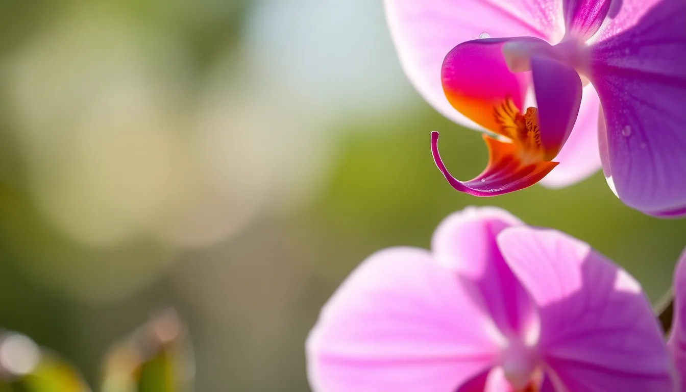 A beautiful macro shot of a purple orchid flower glistening with morning dew. The soft early light captures the intricate details of the petals, while droplets reflect the gentle hues of lavender. Framed by soft foreground elements, this image evokes a sense of tranquility and showcases the delicate beauty of flowers in their natural environment.
