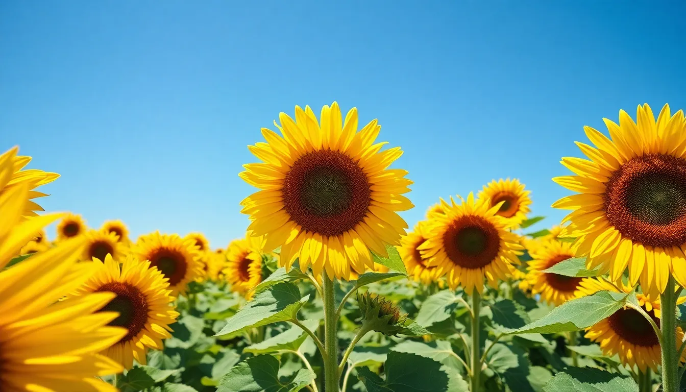 A stunning panorama of a vibrant sunflower field, bursting with color under a clear blue sky. The bright daylight casts sharp shadows that enhance the texture of the plump sunflower petals, creating a lively and cheerful atmosphere. With everything in focus, the image invites the viewer to appreciate the beauty and detail of each flower, while the diagonal lines lead the eye across the expansive landscape. This scene encapsulates the joyful essence of summer in bloom.