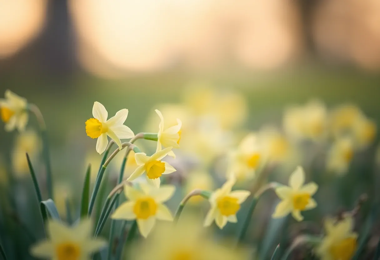 A dreamy image of daffodils illuminated by soft evening light, capturing the gentle sway of the flowers as they dance in the breeze. The delicate textures of the petals are brought to life through selective focus, with a blurred, pastel background creating an ethereal ambiance. This enchanting scene evokes feelings of tranquility and renewal, making it ideal for seasonal and floral themes. The soft yellow hues blend harmoniously with the green foliage, creating a serene palette.