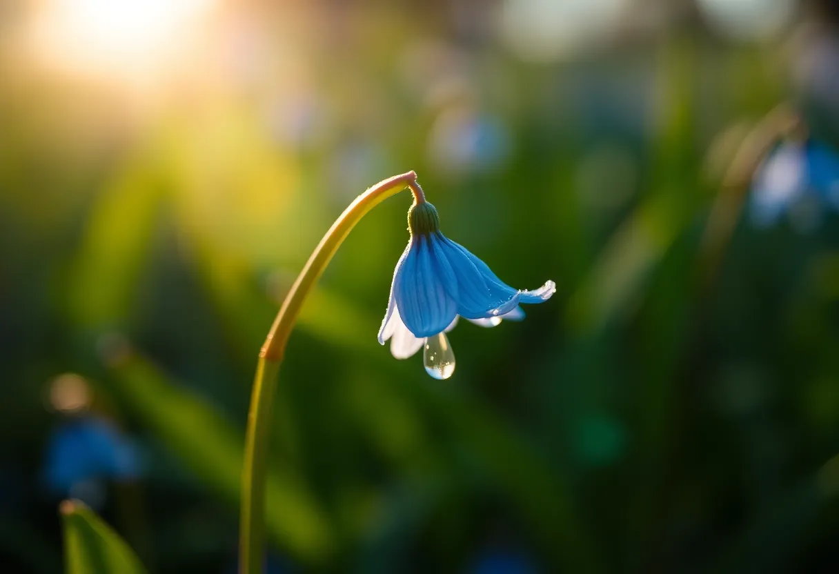 A breathtaking close-up of a single bluebell, captured in crisp morning light. Dew droplets glisten on the delicate petals, adding a refreshing touch to the serene scene. The cinematic teal and orange grading enhances the vibrancy of the flower against a softly blurred green backdrop. This centered composition highlights the intricate details of the bluebell and conveys a sense of tranquility, perfect for nature lovers and floral enthusiasts.