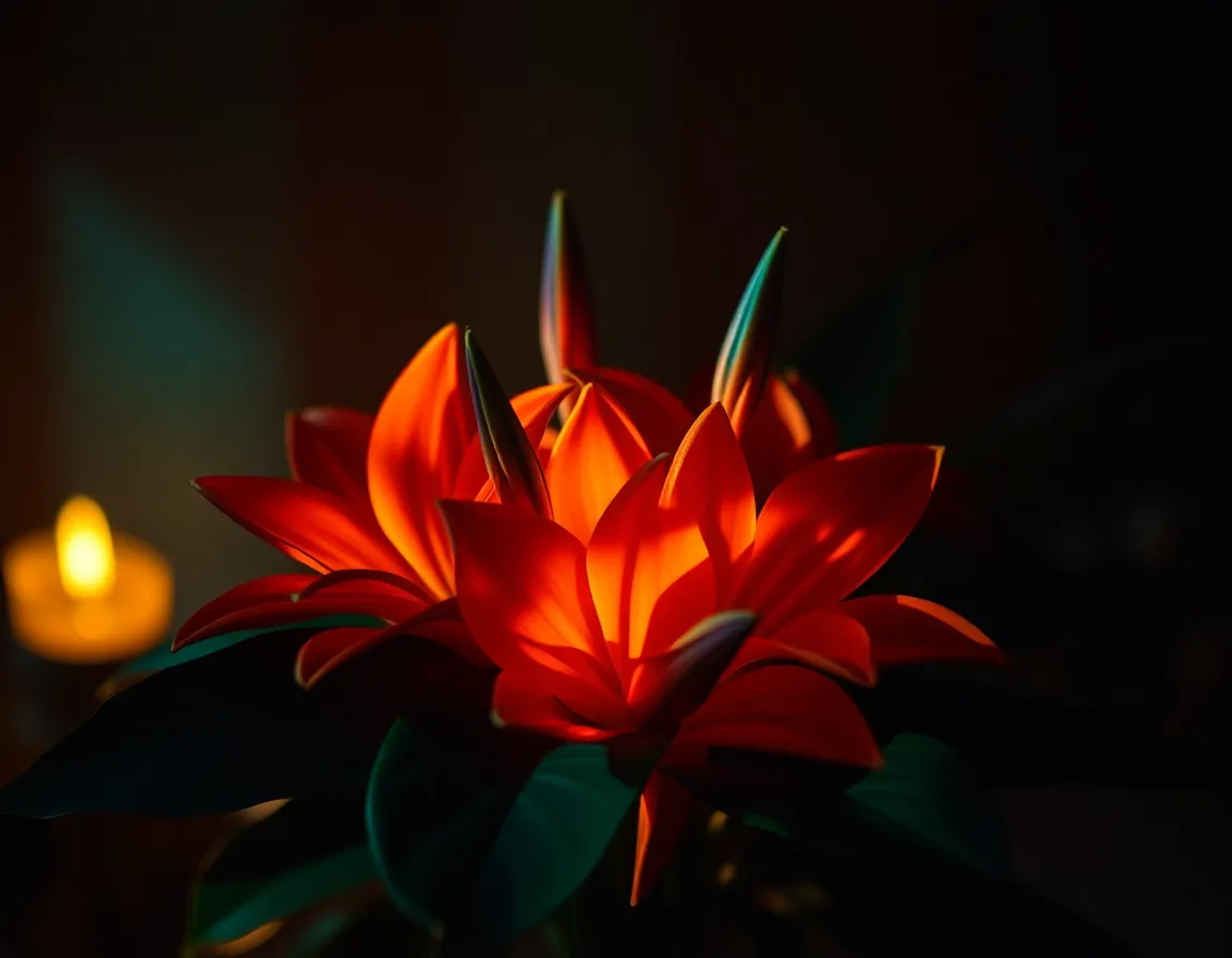This captivating image showcases a vibrant arrangement of exotic flowers, dramatically illuminated by flickering firelight. The cinematic teal and orange color grading adds an artistic flair, enhancing the rich textures of the petals and leaves. The focused eye draws attention to the intricate details of the flowers, while the warm shadows create a striking contrast against cool tones. This composition evokes a sense of warmth and intrigue, ideal for creative projects and botanical enthusiasts.