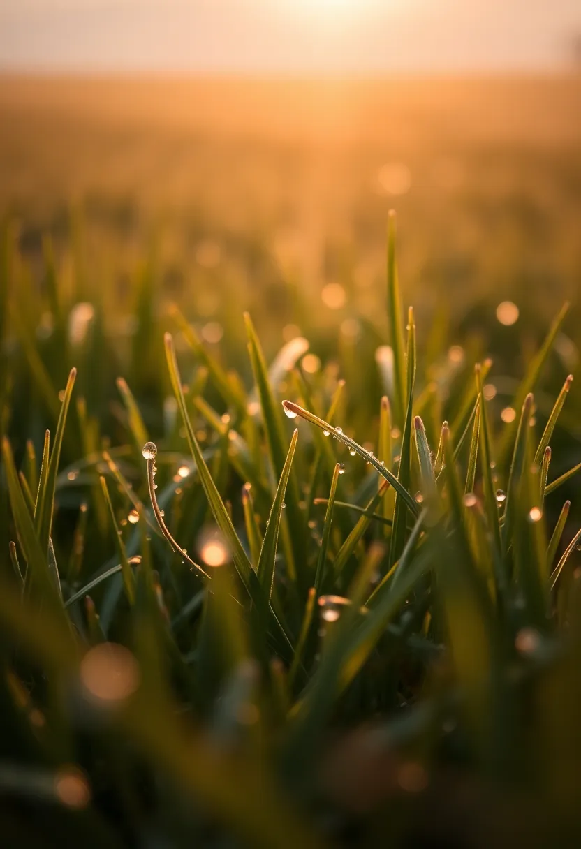 A serene close-up of morning dew adorning grass blades, beautifully illuminated by soft early light. This macro shot captures the delicate droplets, showcasing their clarity as they catch the light in stunning detail. The leading lines of the grass create a natural pathway towards the horizon, inviting the viewer to experience the tranquility of a peaceful morning. The image employs muted earth tones, enhancing the fresh and natural atmosphere of the scene.