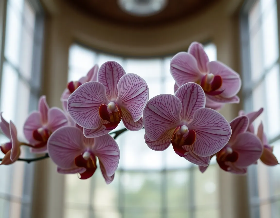A captivating arrangement of intricate orchids, beautifully captured in soft, diffused daylight from overcast skies. The shallow depth of field emphasizes the delicate details of the flower stamens, creating a serene mood. Natural muted tones and desaturated earth colors enhance the tranquility of the scene. The composition is centered and symmetrical, drawing attention to the unique textures and subtle gradients found in the petals of the orchids.