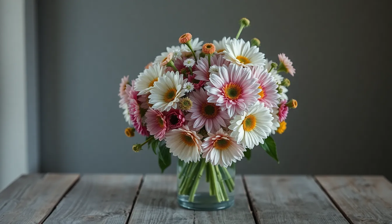 In this charming composition, a bouquet of mixed garden flowers is beautifully arranged in a rustic vase, sitting atop a weathered wooden table. The careful use of butterfly lighting enhances the petals' luminous highlights, while the symmetrical arrangement adds to the image's elegance. Featuring soft pastel colors and detailed textures, this photograph captures the essence of natural beauty and rustic charm.