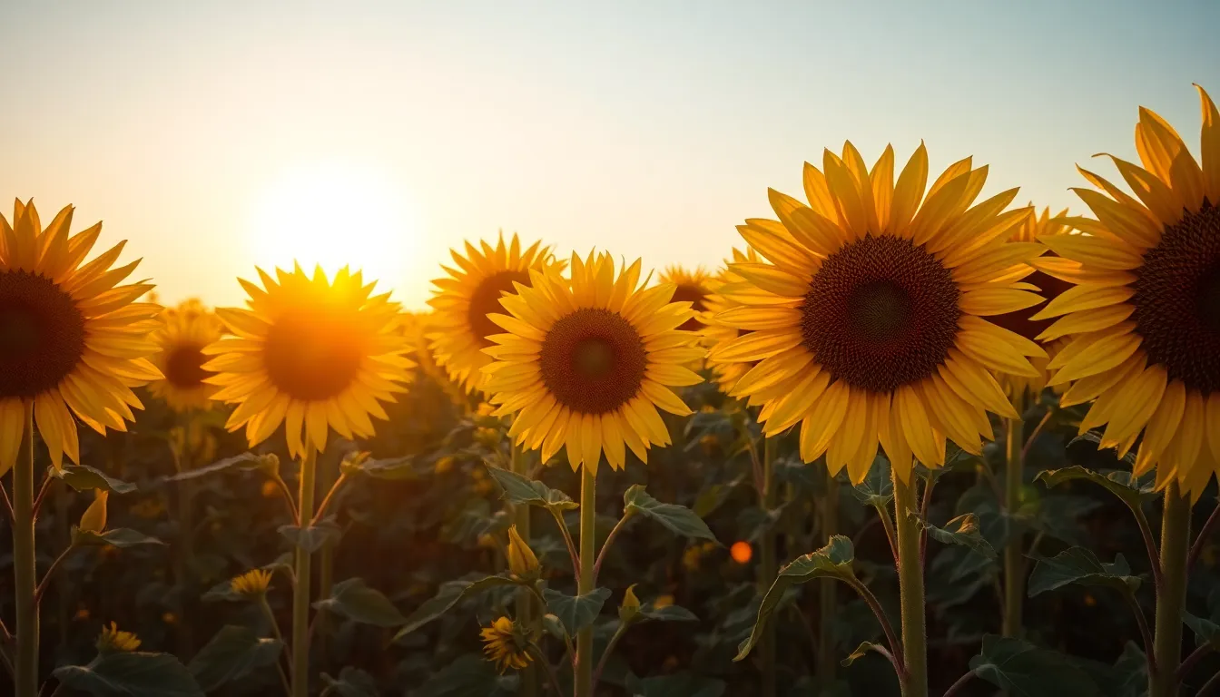 Autumn Sunflowers in Golden Light A beautiful pathway lined with sunflowers reaching toward the warm light of early autumn. The vibrant yellow petals contrast beautifully with muted earthy tones, while the leading lines guide the viewer through the blooming field. Captured in sharp detail, each sunflower displays its unique texture and character against a soft blue sky. This image captures the essence of the changing seasons and the beauty of nature.