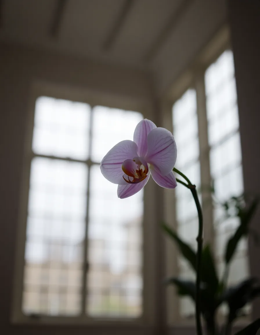 This image features a stunning orchid positioned elegantly in a soft, natural light that filters through large windows. The delicate curves and intricate textures of the petals are beautifully highlighted against an overcast backdrop, creating a soothing atmosphere. The shallow depth of field ensures focus on the flower while providing a dreamy bokeh in the background. This composition elegantly captures the subtle beauty of orchids, perfect for floral enthusiasts and nature lovers.