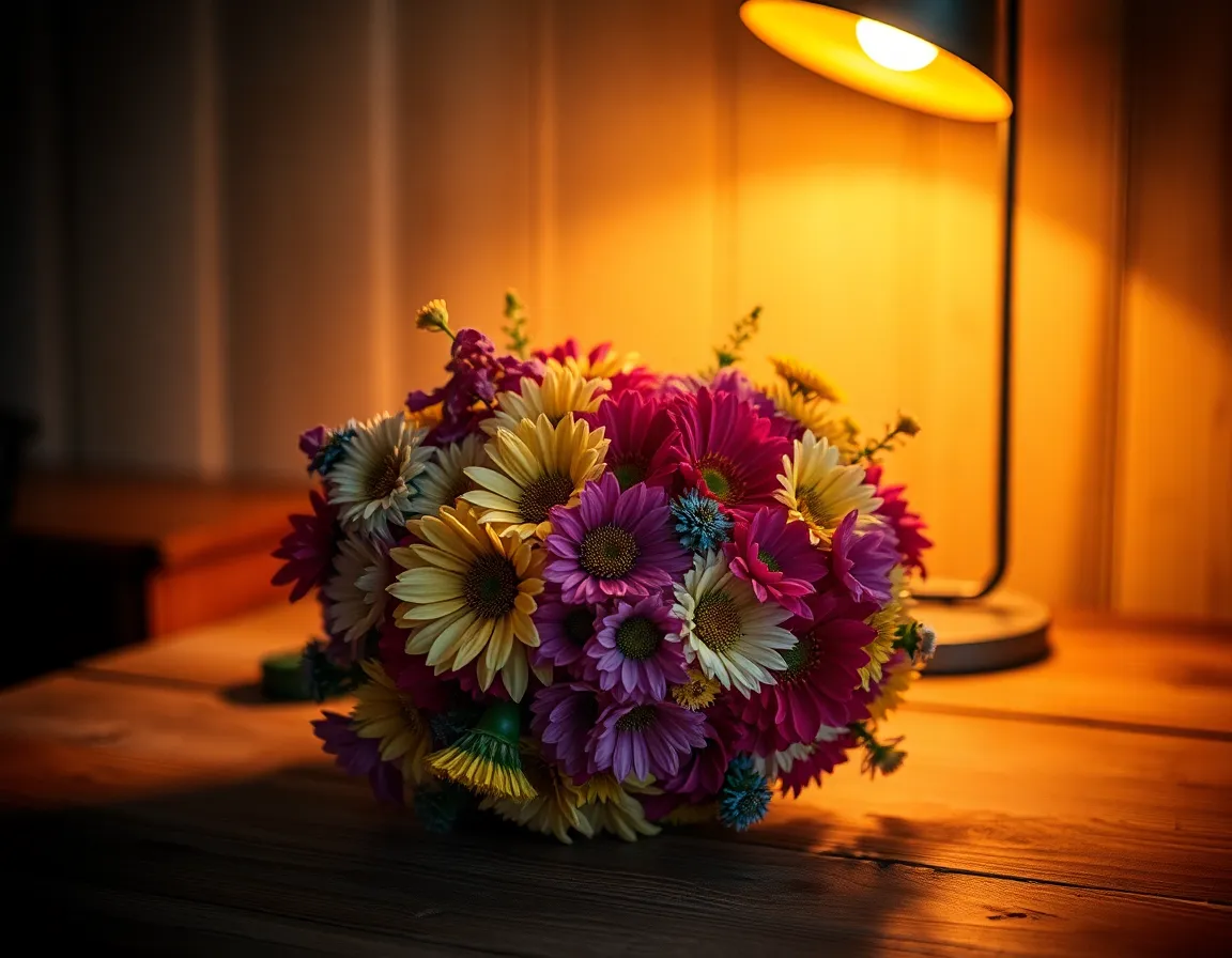 A charming bouquet of mixed flowers elegantly arranged on a rustic wooden table, illuminated by a warm tungsten lamp. The soft focus on the vibrant petals brings attention to the rich colors and diverse textures of the flowers. The inviting atmosphere created by the warm light enhances the natural beauty of the arrangement. This cozy composition is perfect for home decor inspiration or seasonal floral displays.