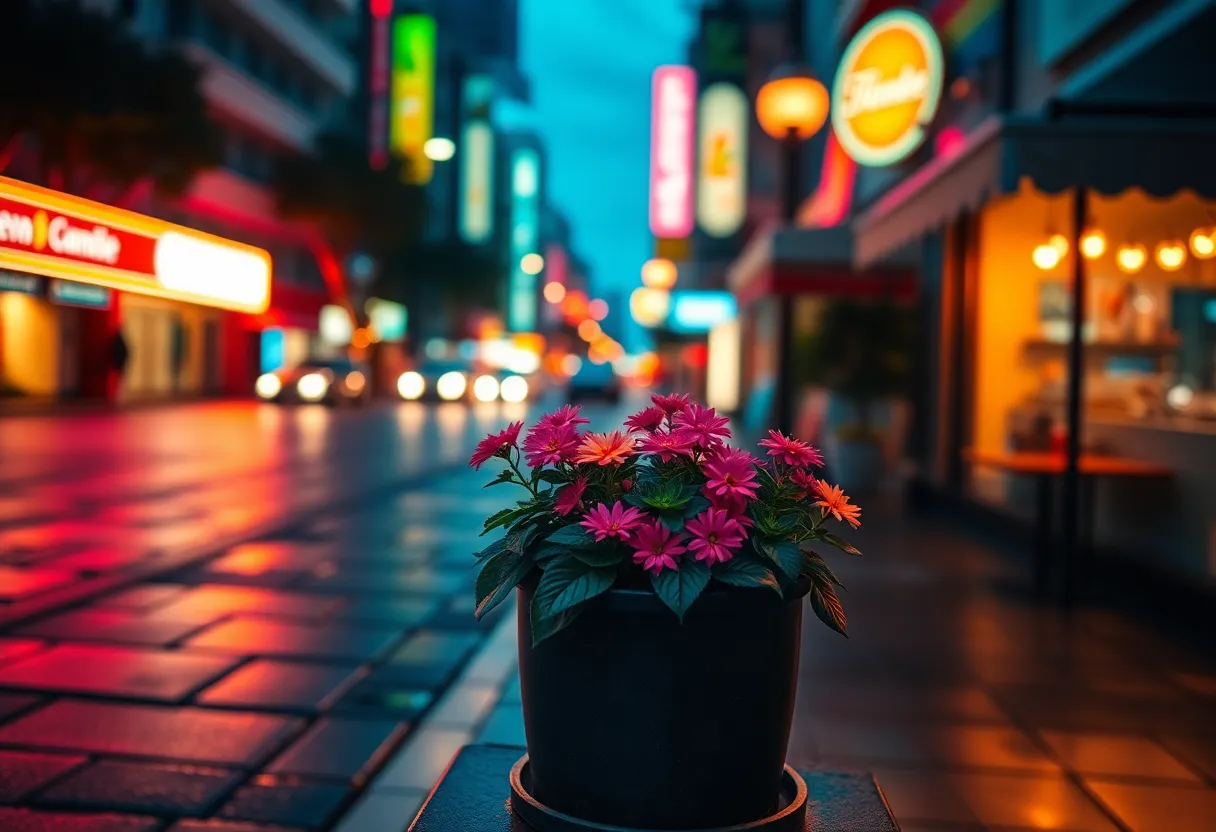 Urban Succulent with Neon Reflections A stunning urban scene captured at twilight, featuring a potted succulent showcasing bright colorful blooms. The dreamy shallow depth of field isolates the plant against a backdrop of neon reflections on wet pavement, creating a vibrant contrast. The cinematic teal and orange color grading adds to the evening's mood, while the rule of thirds composition guides the viewer's gaze toward the succulent. This image tells a story of life and beauty amidst the urban landscape.
