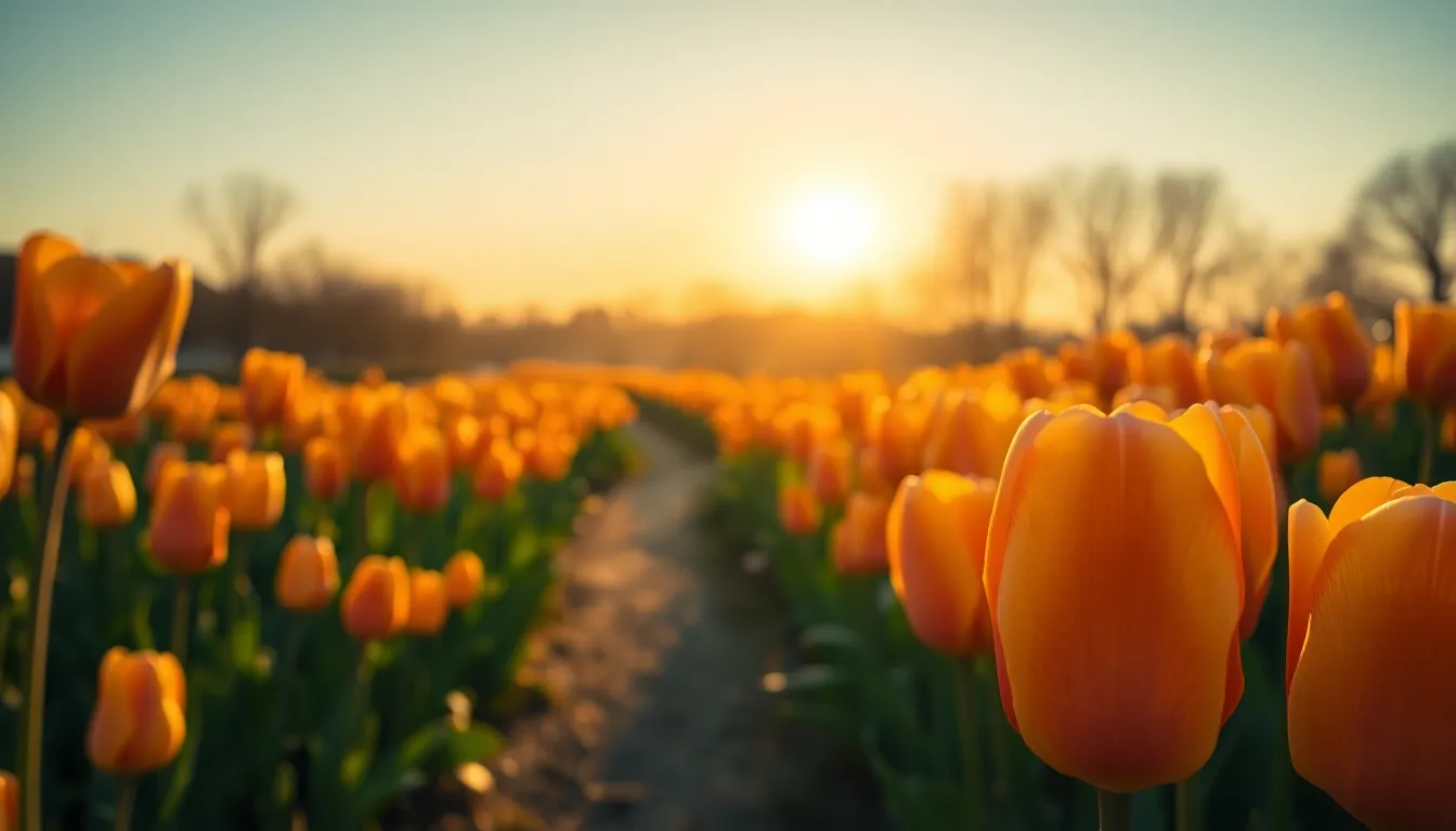 A breathtaking view of a colorful tulip field captured at golden hour, when the warm sunlight bathes the landscape in a soft glow. Each tulip, with its textured petals in vibrant hues, creates a stunning visual tapestry. The leading lines of the flower rows draw the viewer's gaze through the lush field, while the background showcases deep greens contrasting against the rich colors of the blooms. This image perfectly encapsulates the essence of spring, invoking feelings of joy and renewal.
