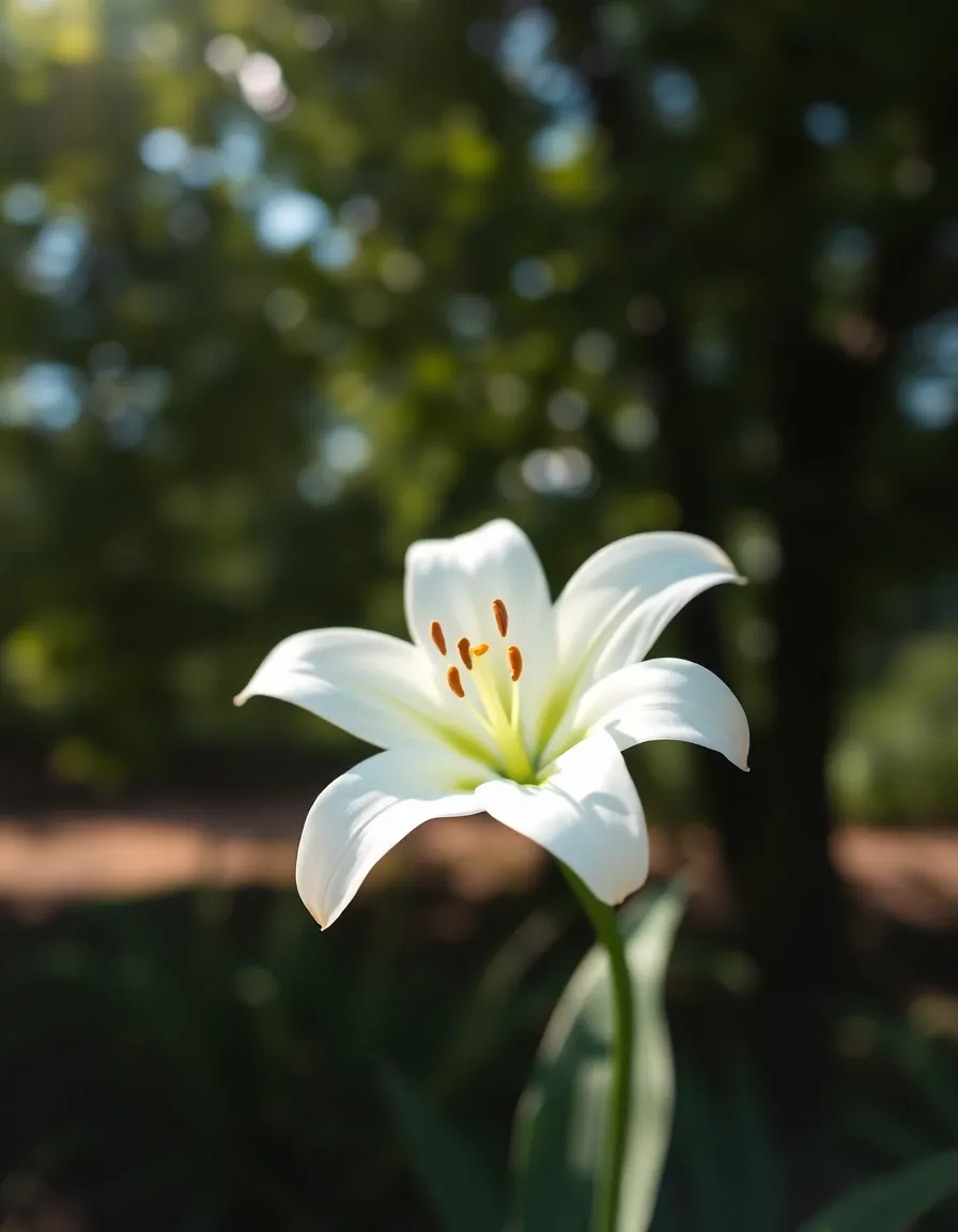 Elegant White Lily in Dappled Sunlight A majestic white lily stands out against a blurred backdrop of greenery, captured during a sunny afternoon. The dappled sunlight filtering through the leaves creates a magical atmosphere, enhancing the exquisite details of the flower. The selective focus brings attention to the lily's smooth petals and intricate stamen, while the centered composition emphasizes its elegance. This image embodies purity and grace in nature.