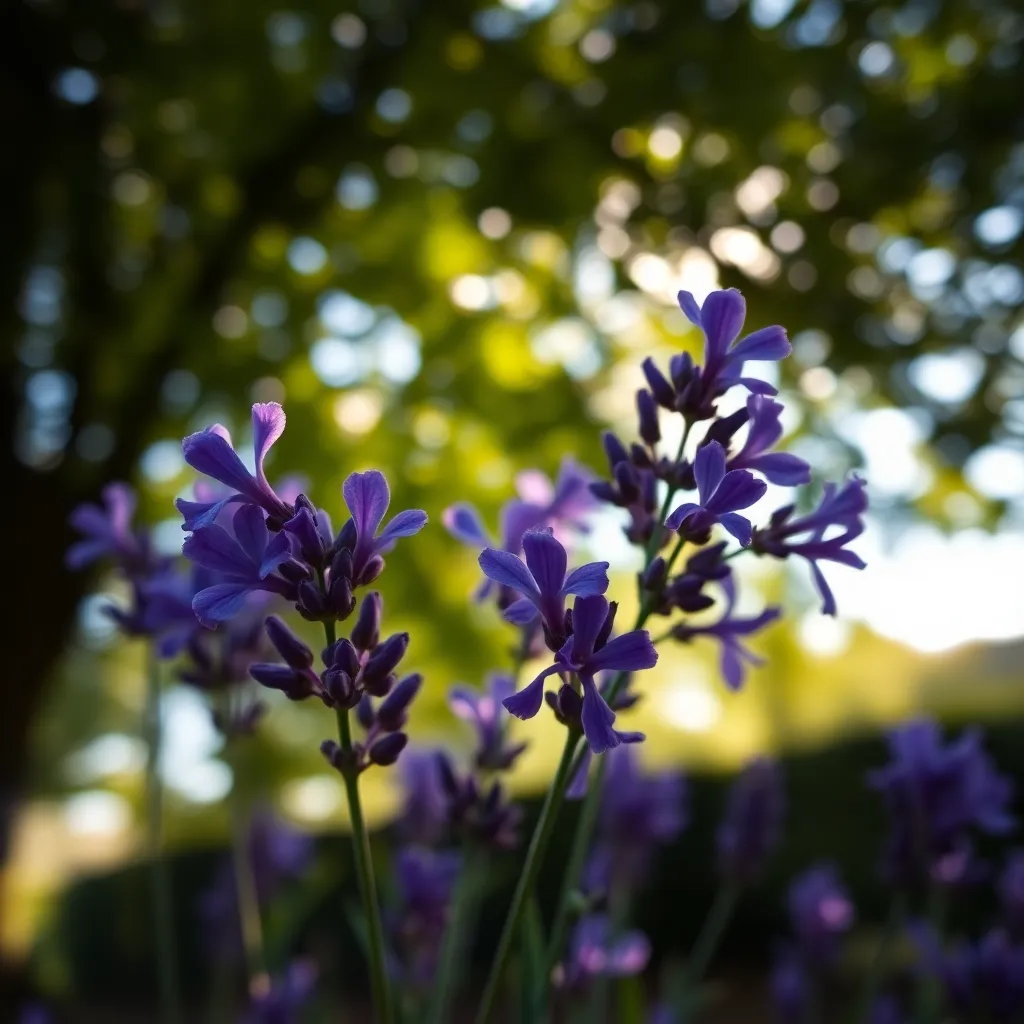 An exquisite close-up photograph of lavender flowers basking in filtered sunlight, creating a captivating interplay of light and shadow. The velvety texture of the lavender petals contrasts beautifully with the soft hues of the blurred background. This image immerses the viewer in a serene atmosphere, evoking a sense of calm and relaxation. The vibrant purple colors are enhanced by the dappled sunlight, adding warmth and vibrancy that draws attention to the delicate details of the flowers.