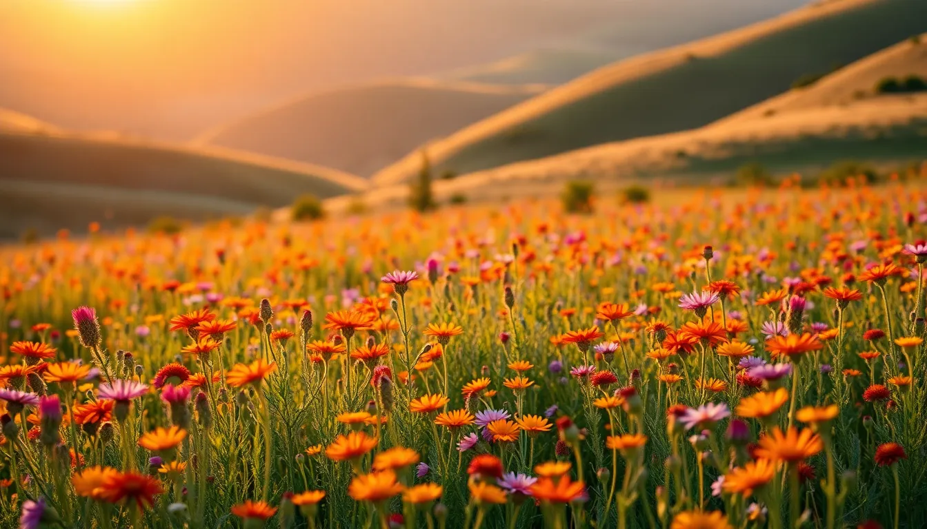 This breathtaking image showcases a vibrant wildflower meadow illuminated by the warm glow of sunset. Rich with a variety of flower colors, the scene radiates warmth and tranquility. The use of hyperfocal distance ensures clarity throughout the entire scene, inviting viewers to immerse themselves in the beauty of nature. This stunning landscape encapsulates the magic of a summer evening.