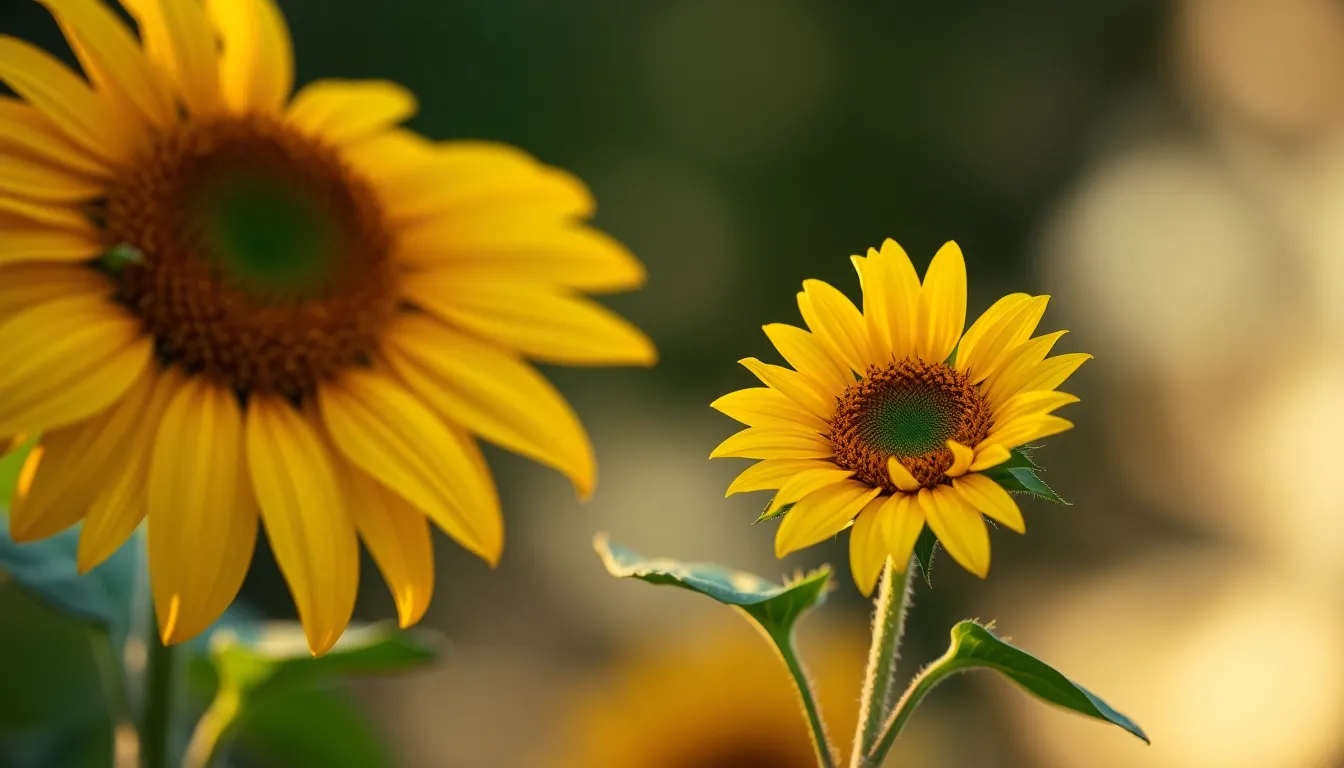 A stunning close-up of a sunflower captured during the golden hour, displaying warm light that accentuates the flower's velvety petals. Surrounding the sunflower, a soft, out-of-focus background includes hints of greenery, enhancing the visual depth. The image evokes a sense of warmth and tranquility, making it perfect for nature-themed projects. The vibrant yellows complement the soft golden hues of the sunlight, creating an inviting atmosphere.
