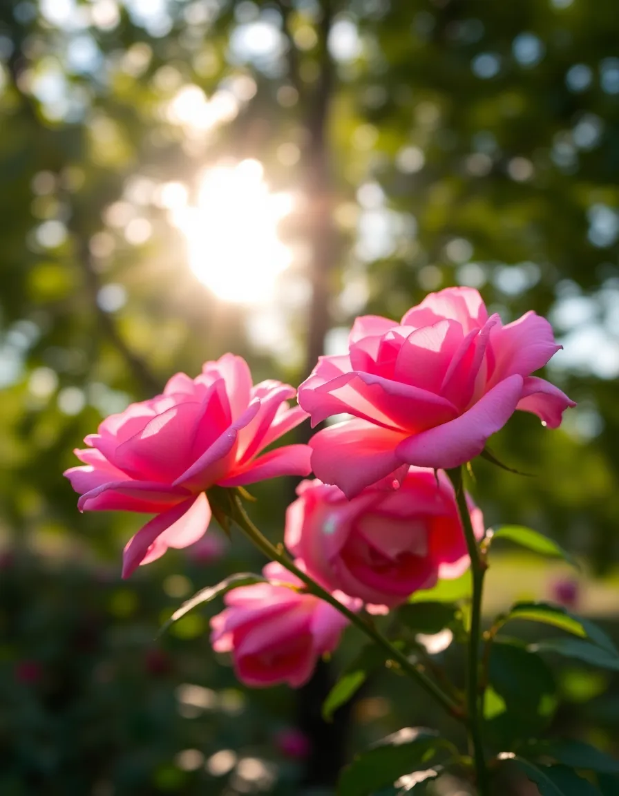 A close-up view of vibrant pink roses illuminated by dappled sunlight filtering through a tree canopy. The soft, muted background features creamy bokeh, enhancing the focus on the delicate petals adorned with morning dew. The composition utilizes the rule of thirds, positioning the flowers for visual interest, creating a serene and inviting atmosphere. This image captures the essence of a tranquil garden scene.
