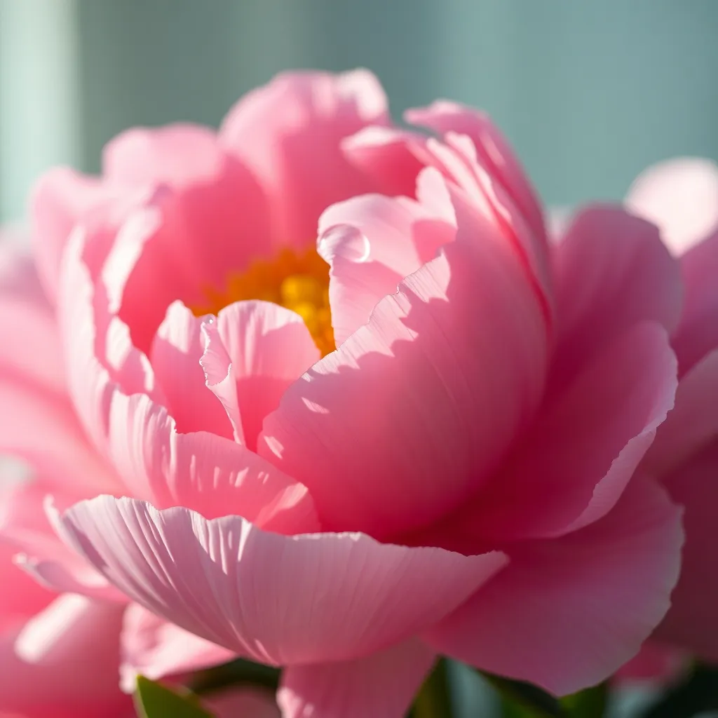 Dew-Kissed Peonies in Morning Light A stunning close-up of pink peonies adorned with sparkling dew droplets captured during the early morning. The soft natural light creates a dreamy atmosphere, enhancing the flower's delicate ruffled petals. The composition follows the rule of thirds, drawing the viewer's eye while the vibrant colors pop against a creamy bokeh background. This image conveys tranquility and the beauty of nature's details.