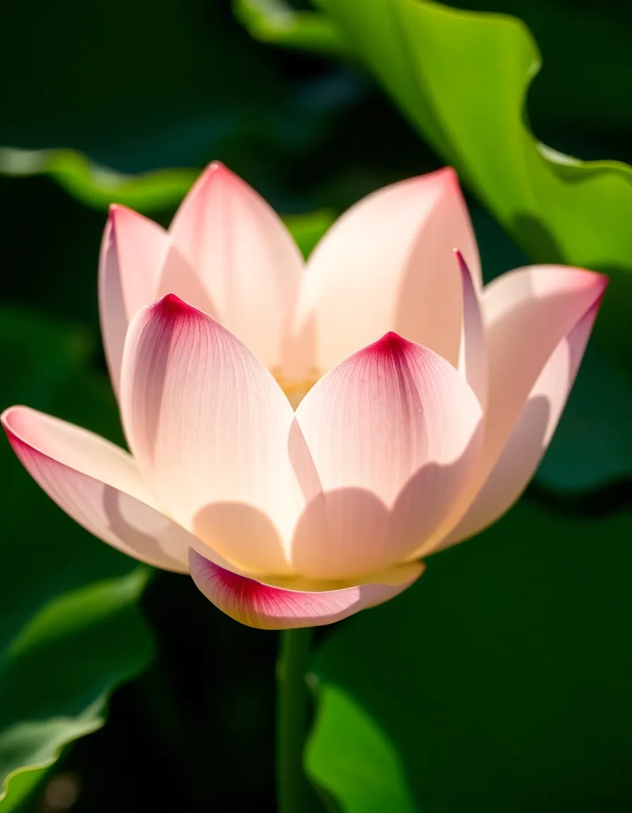 An intimate macro view of a serene lotus flower, illuminated by soft morning sunlight. The delicate pink petals are highlighted with dew droplets, showcasing intricate textures and details that exude tranquility. Surrounded by lush green leaves, this image invites the viewer to appreciate the peaceful beauty of nature. The careful composition, focused on the flower, evokes a sense of calm and connection to the tranquility of a morning garden.