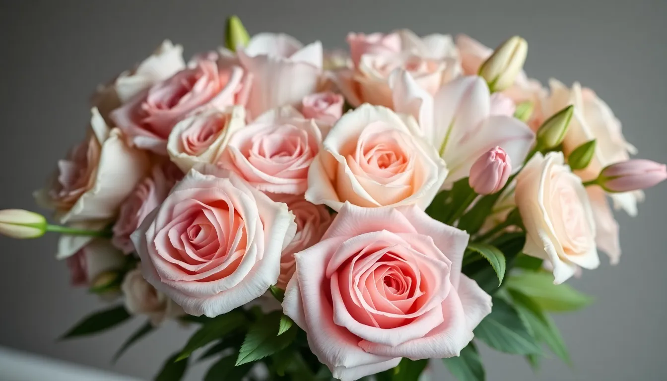 An elegant composition of a floral arrangement featuring roses and lilies in soft pastel colors. Captured in a studio setting, the gentle lighting enhances the textures of the delicate petals and leaves. The soft blush, cream, and lavender hues create a romantic atmosphere, making this image perfect for wedding inspiration or floral design showcases.