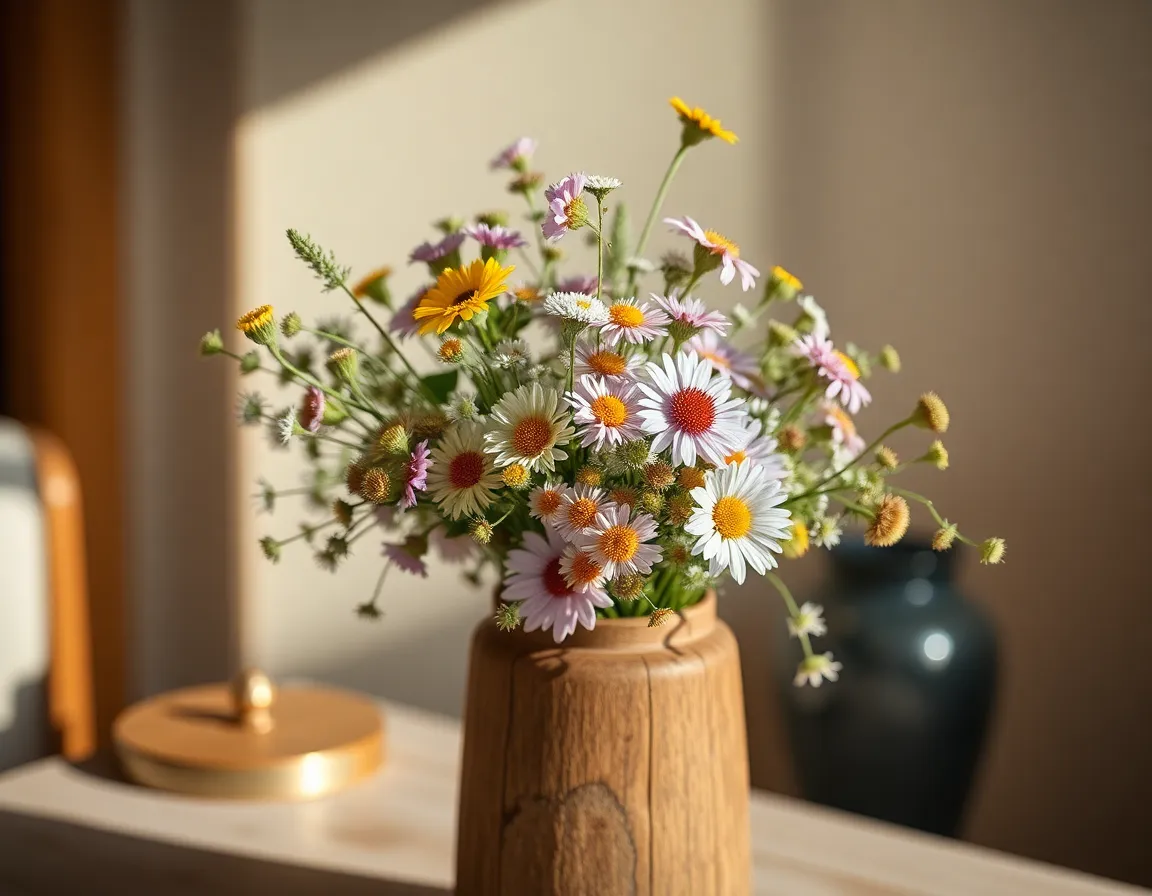 An artistic arrangement of assorted wildflowers displayed in a rustic wooden vase, radiating charm and natural beauty. The warm tungsten light casts soft shadows, enhancing the delicate textures of the petals while creating a cozy ambiance. With a shallow depth of field, the focus is on the intricate details of the flowers, which showcase a delightful mix of soft pastels and earthy tones. The slightly angled composition adds an artistic touch, inviting the viewer to appreciate this charming display.