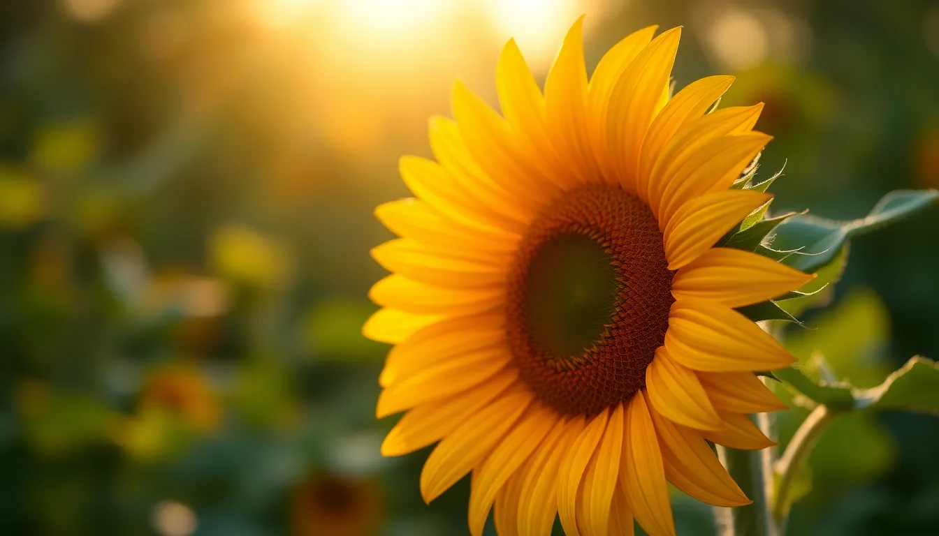 A stunning close-up of a sunflower basking in the warm light of the golden hour. The intricate details of the petals, combined with the soft bokeh of a lush green background, create a serene atmosphere. The rich yellows and soft oranges pop against the blurred surroundings, illustrating the beauty of nature in a moment of peaceful tranquility.
