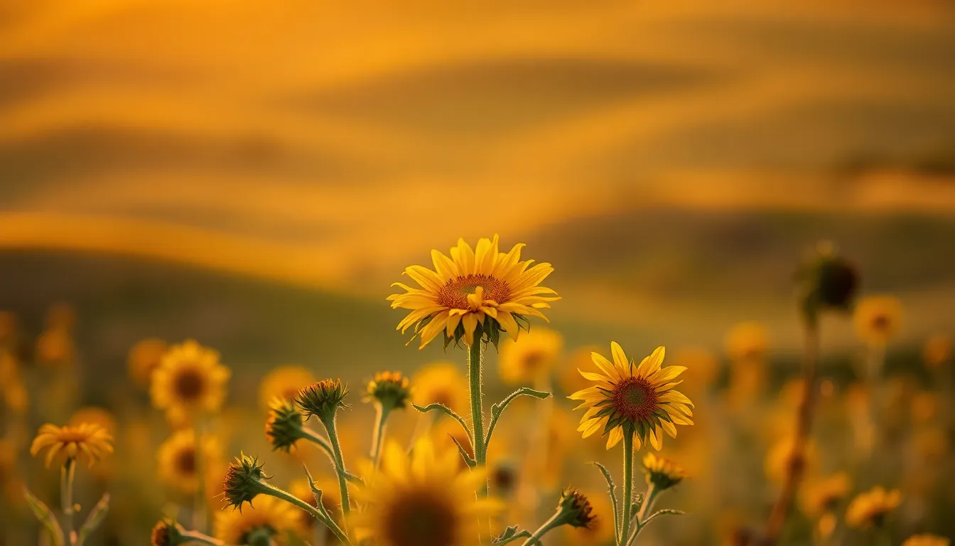 A breathtaking scene capturing vibrant sunflowers basking in the golden hour light. The warm backlighting creates an enchanting glow around the flowers, emphasizing their bright yellow and rich green colors. The image showcases the delicate textures of the sunflower petals and the roughness of their stems, drawing the viewer into a serene moment in nature. The blurred hills in the background add depth and tranquility to the composition.