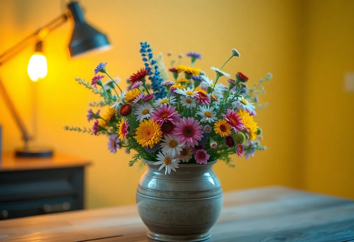 This image showcases a charming arrangement of assorted wildflowers in a rustic ceramic vase, illuminated by the warm glow of a tungsten desk lamp. The soft pastels and vibrant colors create an inviting atmosphere, drawing viewers into a cozy interior scene. With a shallow depth of field, the bouquet remains the focal point, while the gentle blur of the background enhances the visual appeal. This composition captures the essence of home and natural beauty, making it an ideal decoration for any space.