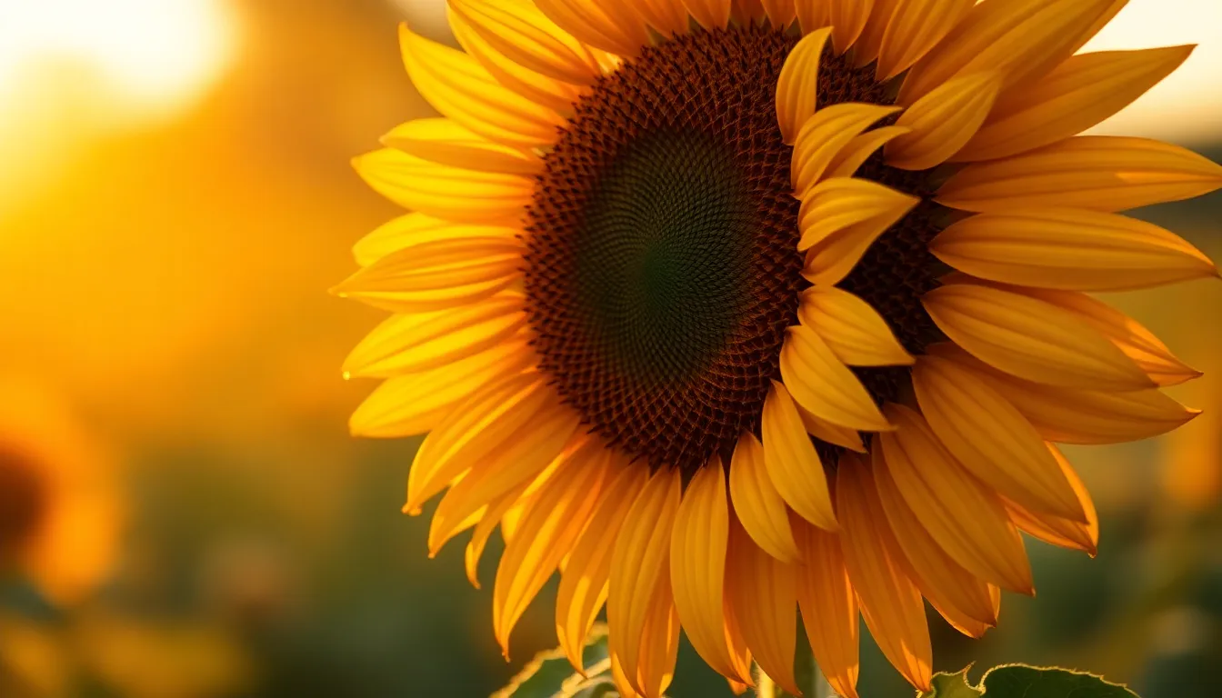 This photograph captures a vibrant sunflower standing majestically during golden hour, illuminated by soft backlighting that enhances its warm tones. The image showcases the intricate textures of the sunflower, from its robust seeds to its delicate petals, all set against a backdrop that fades into a soft, creamy glow. The centered composition invites admiration, evoking feelings of warmth and optimism.
