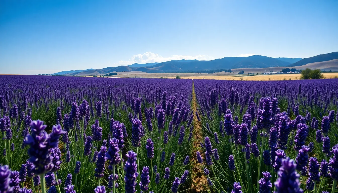 Immerse yourself in this tranquil image of a lavender field stretching toward the horizon under a clear blue sky. Bathed in bright sunlight, the deep purples and greens of the flowers create a serene and inviting mood. The leading lines of the lavender rows guide the viewer’s gaze through the image, enhancing the feeling of depth. This stunning scene captures the essence of peaceful summer days in nature.