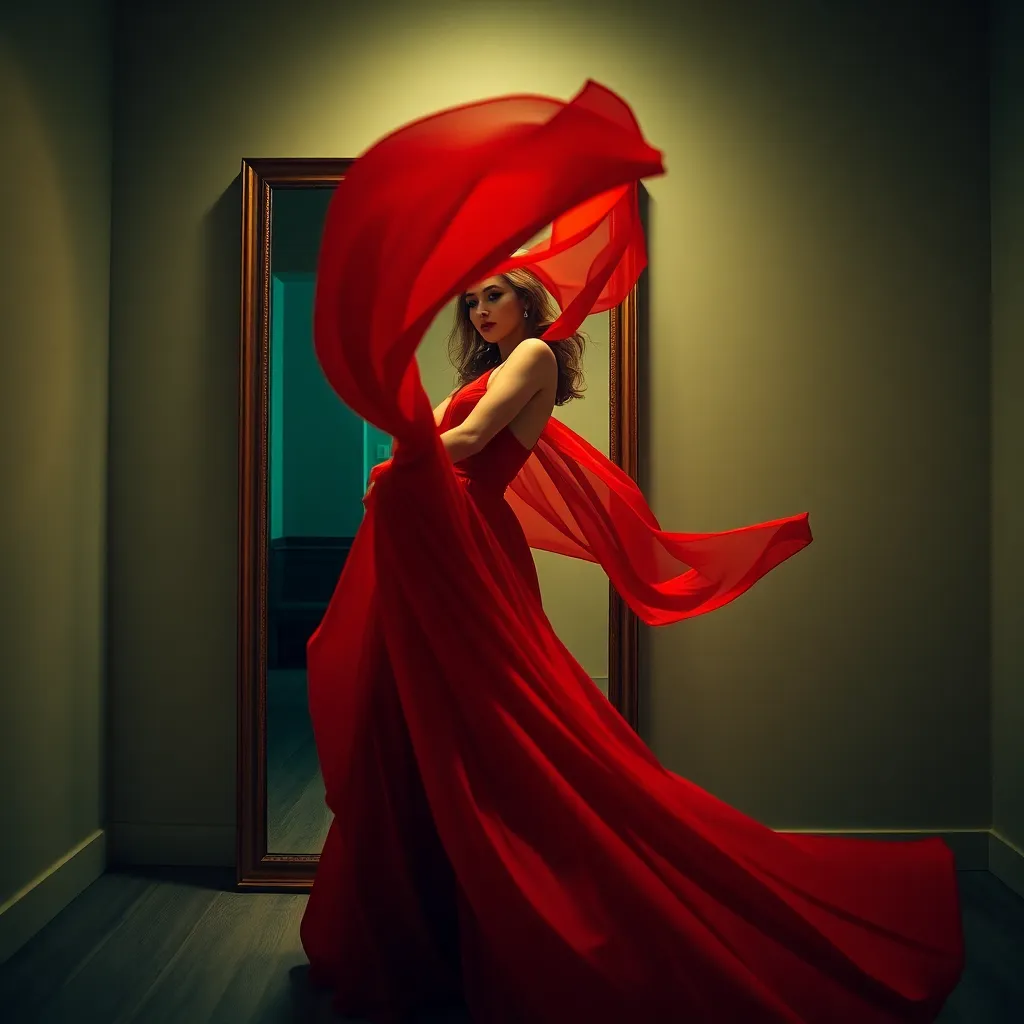 Model in Red Gown by Mirror