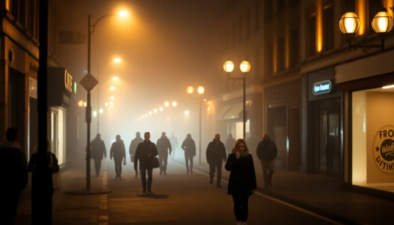 Experience the dynamic atmosphere of a bustling city street enveloped in fog, where soft street lamp lights create a warm glow against the cool mist. The image captures passersby, their silhouettes blending into the fog, evoking a sense of motion and life within the stillness. Leading lines from the street draw the eye through the fog-drenched scene, perfect for urban and atmospheric photography themes.