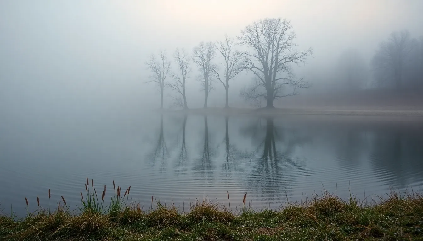 A tranquil scene captures a serene lake surrounded by soft, rolling fog on an early morning. The mist gently envelops the trees, creating a dreamlike atmosphere. The muted earth tones blend with soft blues and greys, while delicate ripples on the water's surface add a sense of movement. This symmetrical composition emphasizes the reflection of trees, enhancing the peaceful mood.