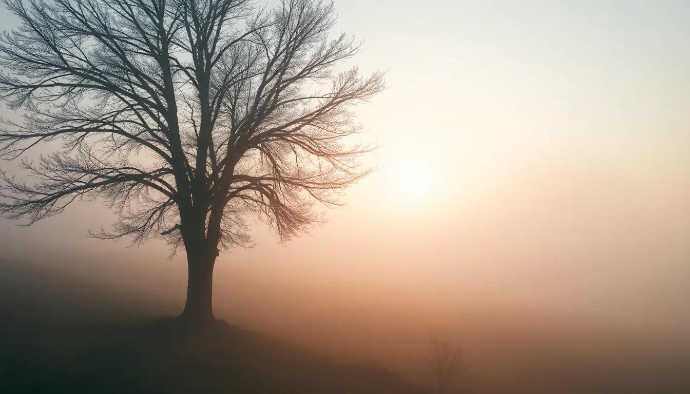 This image captures a solitary tree shrouded in thick fog during a serene early morning. The golden hour backlighting creates an ethereal glow around the tree, enhancing the dreamy atmosphere. Soft pastel colors blend harmoniously with muted earth tones in the fog, while the texture of the fog and tree bark adds a tactile element. The composition draws the eye towards the tree in a rule of thirds layout, creating a sense of tranquility and mystery.