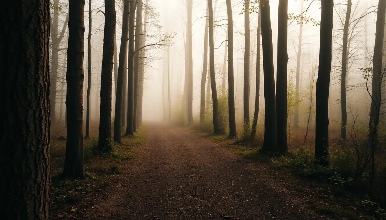 A tranquil scene featuring a narrow pathway shrouded in thick fog. The soft daylight filtering through the fog creates an ethereal atmosphere, with muted, earthy tones dominating the color palette. Leading lines draw the viewer's eye deeper into the mist, while weathered cobblestones are highlighted with moisture droplets, enhancing the sense of depth and detail. This captures the serene beauty of a fog-laden environment.
