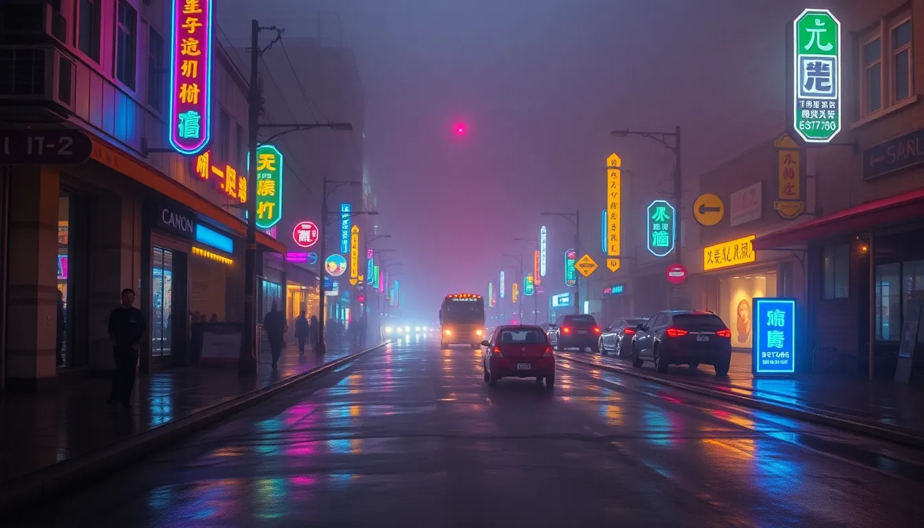 This vibrant image captures a bustling city street shrouded in early morning fog. Neon lights reflect off the wet pavement, creating an energetic blend of blues, pinks, and yellows that contrast beautifully with the gray fog. The scene is illuminated by both natural light filtering through the fog and the artificial glow of city signage. Leading lines of the street guide the eye, revealing a sharp, detailed urban landscape, perfect for capturing the essence of city life.