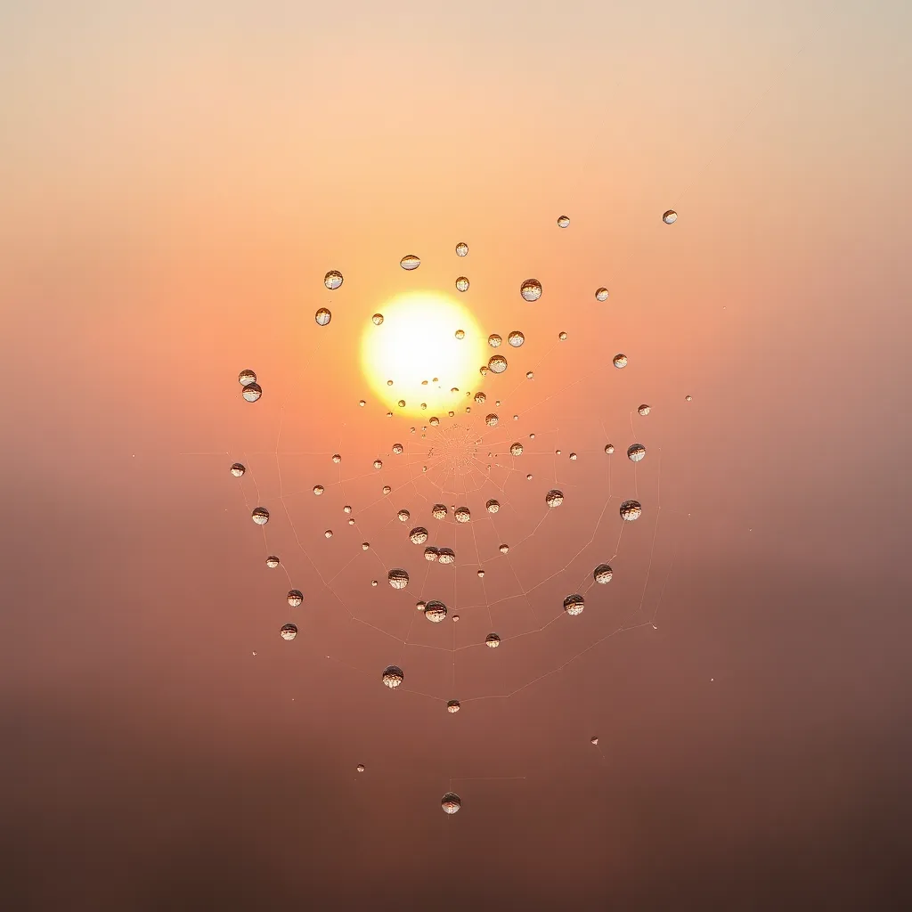 This enchanting close-up image captures a spider web glistening with dewdrops on a foggy morning. Backlit by the soft light of the rising sun, the dewdrops reflect pastel colors, creating a dreamy ambience. The selective focus emphasizes the intricate patterns of the web, while the blurred background enhances the ethereal quality of the scene. This photograph beautifully illustrates the delicate beauty found in nature.
