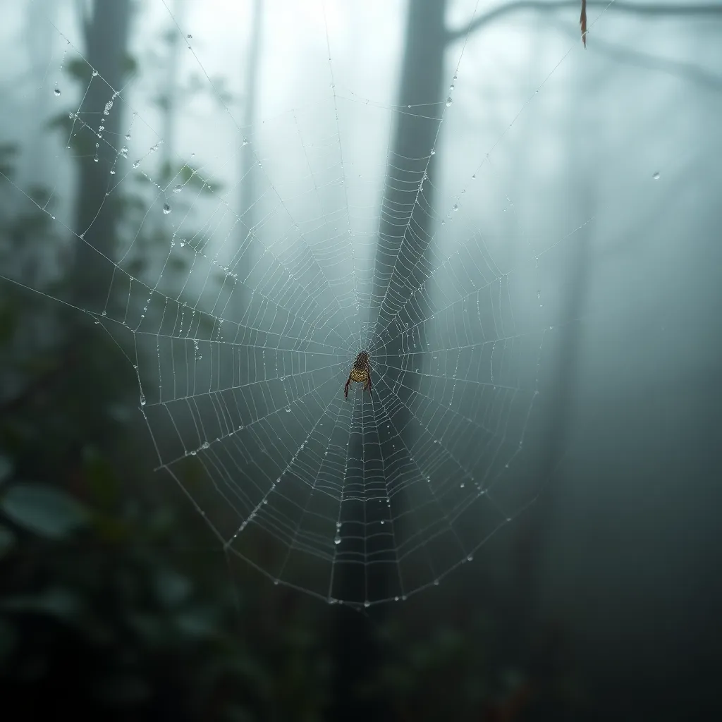 This close-up image captures the exquisite beauty of dew-covered spider webs in a foggy morning setting. The soft light enhances the glistening droplets, creating a magical atmosphere. The shallow depth of field allows for sharp focus on the intricate web patterns, set against a creamy, blurred background of fog. This composition invites viewers to marvel at the tiny wonders of nature, showcasing the delicate details often overlooked.