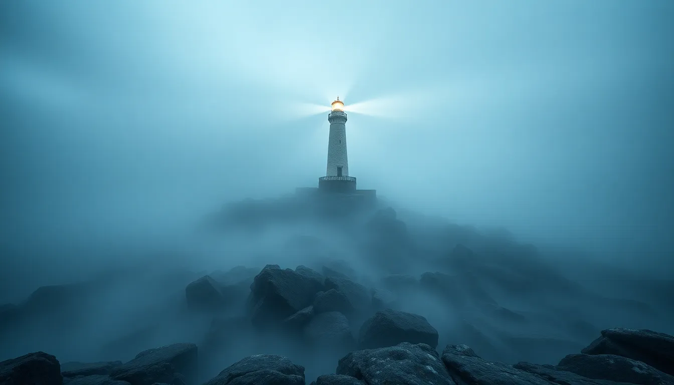 This dramatic image showcases a solitary lighthouse perched on a rugged coastline, enveloped in thick fog at dusk. The beam of light piercing through the mist adds a sense of mystery and hope. The muted color palette enhances the eerie atmosphere of the scene, while the symmetrical composition emphasizes the lighthouse as the focal point against the natural textures of the coastline.