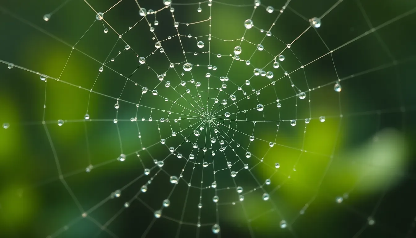 Explore the delicate beauty of a spiderweb adorned with glistening dew droplets in thick fog. This close-up image captures the intricate details of the web illuminated by soft morning light, showcasing vivid greens and crystalline highlights. The dreamy bokeh in the background enhances the ethereal quality of the scene. Perfect for themes of nature, macro photography, and the interplay between light and texture.