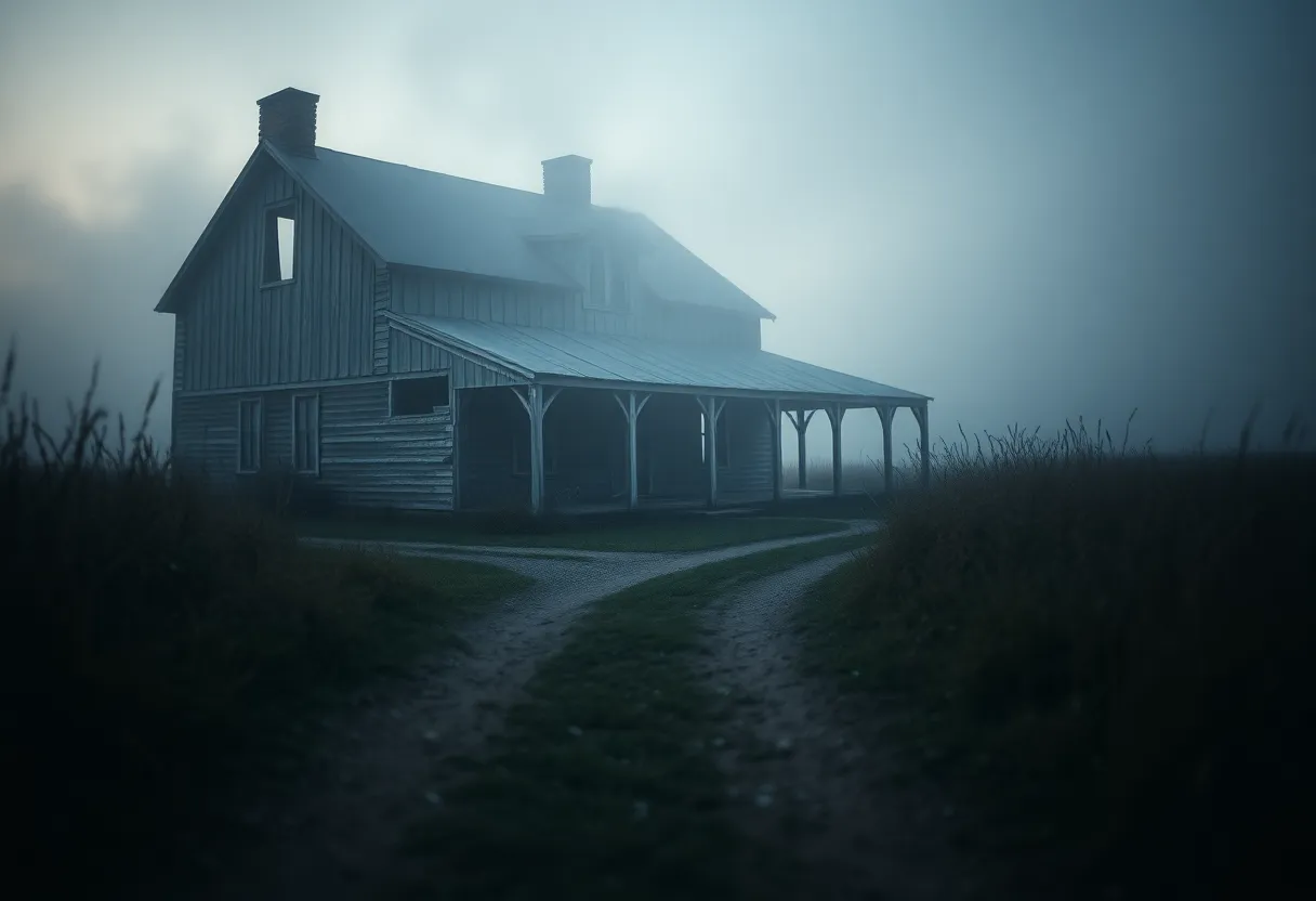 This hauntingly beautiful image showcases an abandoned farmhouse shrouded in fog as dusk falls. The soft, natural light enhances the weathered wood and broken windows, evoking a nostalgic feel. With shallow depth of field, the foreground blurs into a haunting bokeh, drawing attention to the farmhouse. The dirt path leading towards the house invites the viewer to imagine the stories held within its walls, creating a sense of mystery and exploration.