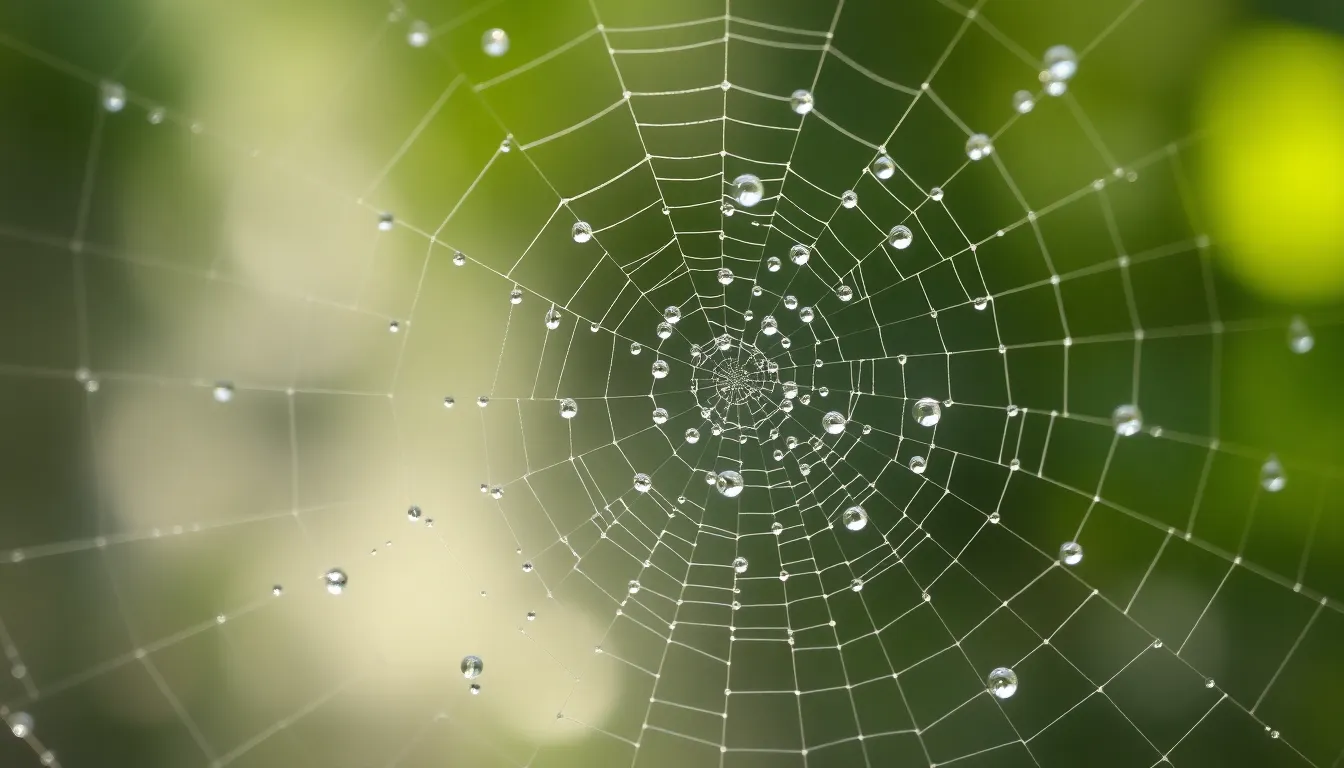 A captivating close-up captures dew-laden spiderwebs intricately tangled in fog, showcasing nature's delicate artistry. Natural diffused daylight illuminates each droplet, creating a shimmering effect against muted greens and silvers. Utilizing a shallow depth of field draws attention to the intricate textures of the silk and dew, while the thoughtful rule of thirds places the web off-center for visual interest.