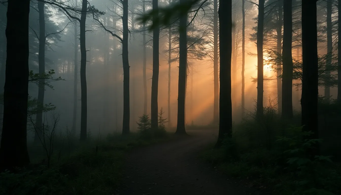 This captivating image captures a misty forest trail, with fog weaving through towering trees. The early evening light casts long shadows, creating an enchanting and slightly eerie atmosphere. The rich greens and earthy browns of the foliage stand out against the soft haze, while hints of golden light break through. A leading lines composition draws the viewer's eye along the winding path, inviting them into the depths of the forest.