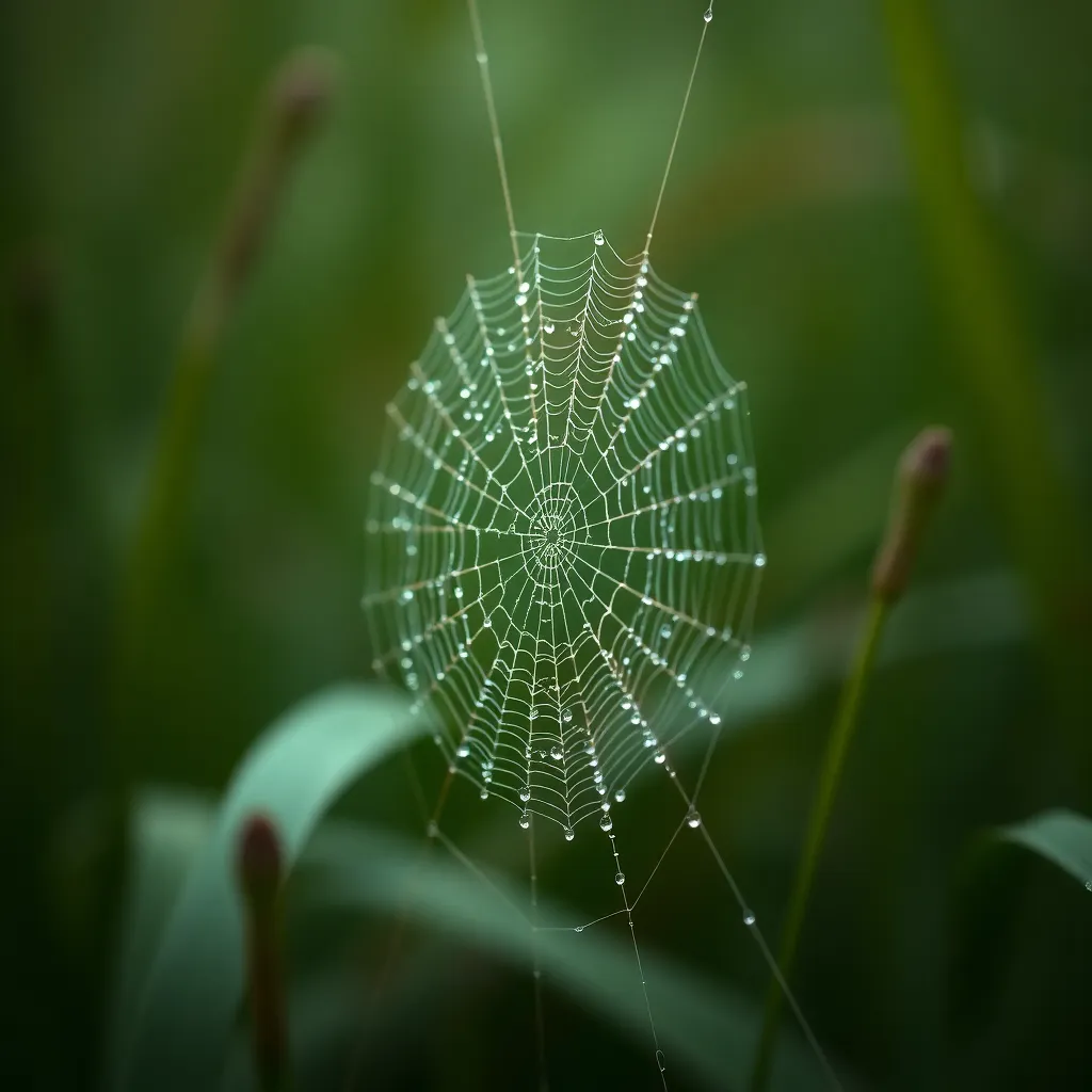 This close-up image showcases the delicate beauty of dew-covered spider webs, intricately woven and shimmering in the morning fog. The overcast lighting creates a soft, diffused glow that highlights the shimmering droplets, while the shallow depth of field adds a dreamy quality. Natural muted tones of greens and browns enhance the earthy feel of the scene. The composition invites viewers to appreciate the intricate details and textures of the web against the blurred backdrop of grass.