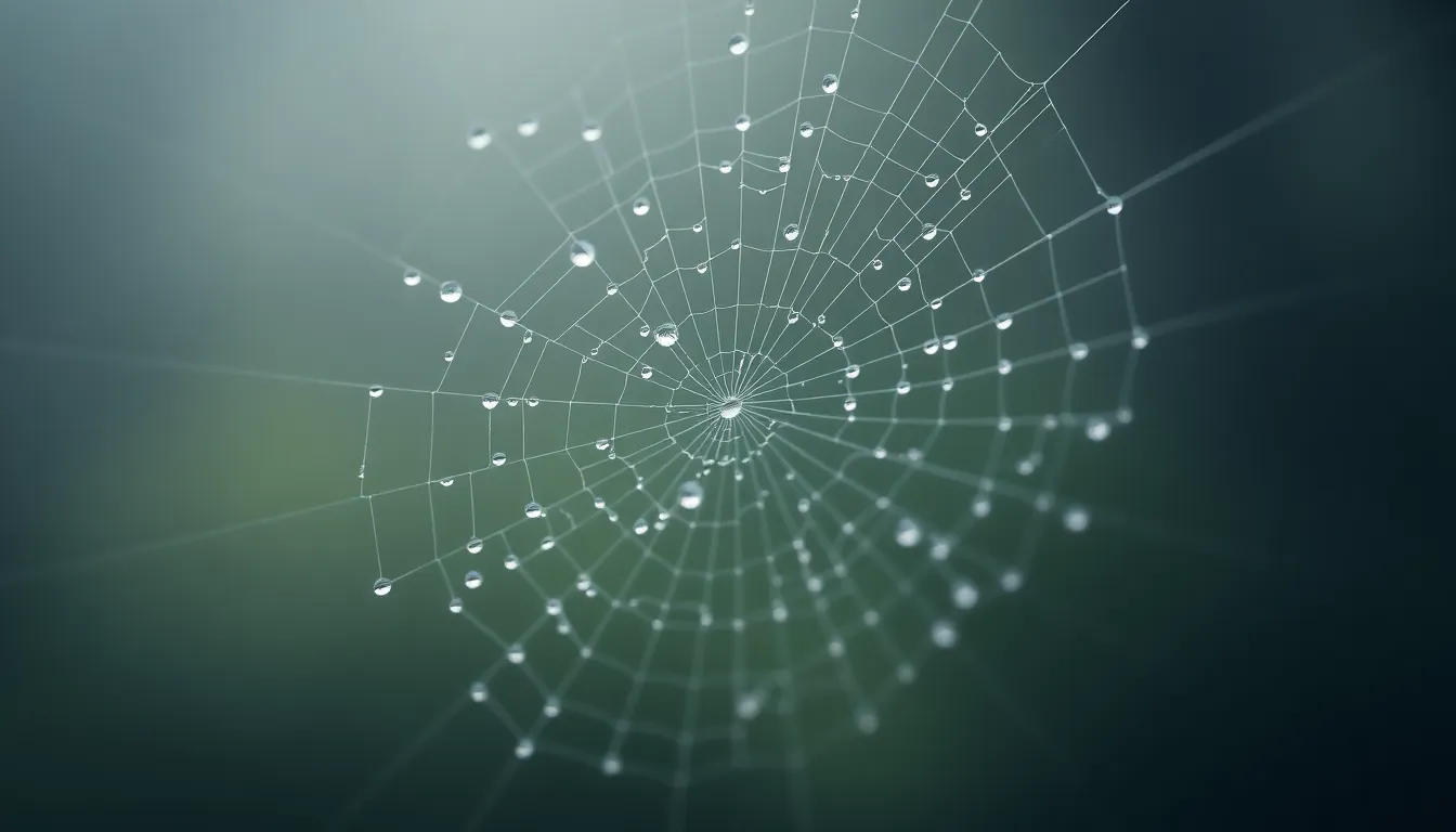 This close-up captures a delicate spider web suspended in thick morning fog, its intricate structure highlighted by glistening dew drops. The soft, muted colors of the surrounding fog provide a gentle backdrop, allowing the web to take center stage. The hyperfocal focus ensures that every fine silk thread is crisp and detailed, bringing attention to nature's artistry. This image exemplifies tranquility and the beauty found in small details.