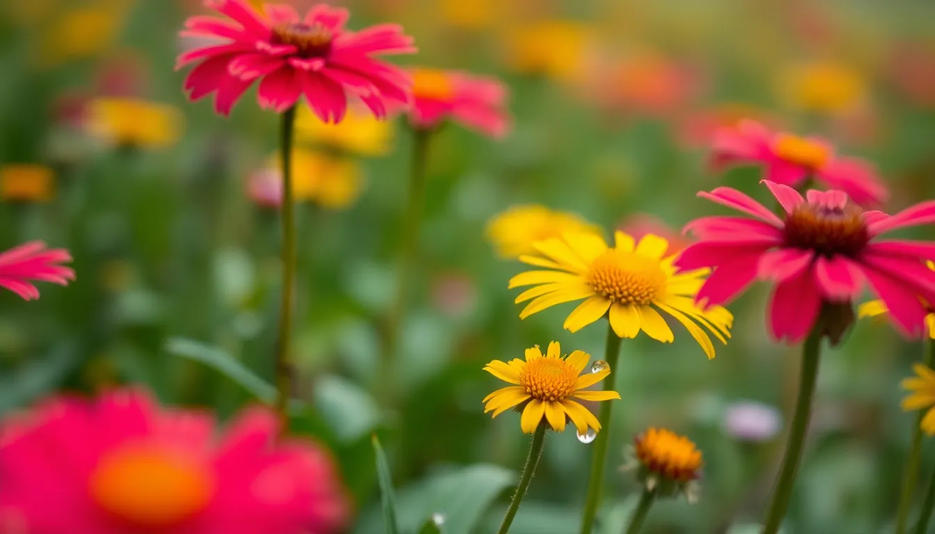 This captivating image features a field of wildflowers adorned with dew and enveloped in early morning fog. Natural diffused light from an overcast sky accentuates the textures of each petal, creating a serene and vibrant scene. The shallow depth of field produces dreamy bokeh around the flowers, allowing their rich saturated colors to stand out. The composition’s foreground framing draws the viewer's attention to the delicate dew droplets resting on the petals, enhancing the overall sense of freshness and renewal.